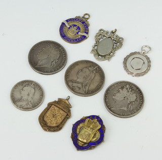 A silver crown 1890, 3 other coins and 5 sports fobs, 162 grams 