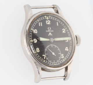 Omega Second World War Army Issue gentleman's steel cased black dial wristwatch with seconds at 6 o'clock, the case number Y2128 10685417 W.W.W. contained in a 33mm case 