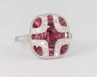 A platinum ruby and diamond Art Deco style ring, size N 