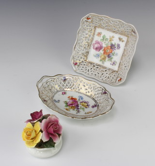 A German pierced gilt basket decorated with flowers 19cm, a square ditto 15cm and a floral display 8cm 