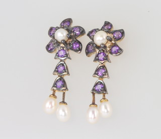 A pair of silver gilt Edwardian style amethyst and seed pearl earrings 25mm 