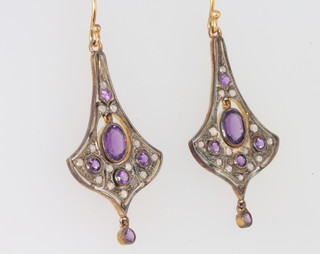 A pair of silver gilt Edwardian style amethyst and diamond drop earrings 32mm 