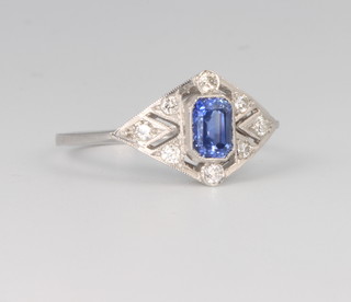 An Edwardian style platinum sapphire and diamond ring, the sapphire approx. 0.8ct, the brilliant cut diamonds approx. 0.2ct, size M 