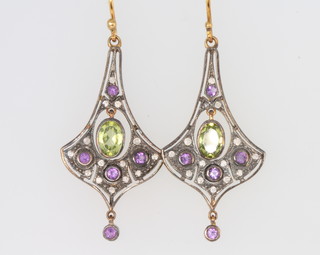 A pair of silver gilt Edwardian style amethyst, peridot and diamond earrings 35mm 