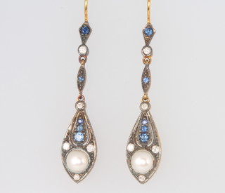 A pair of silver gilt Edwardian style sapphire, diamond and pearl earrings 35mm 