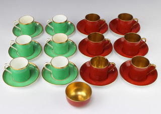 A set of 6 Mintons coffee cans and saucers with green and gilt decoration, a set of 6 Thomas Goode ditto with orange bodies and gilt interiors together with a sugar bowl 