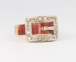 An 18ct yellow gold red guilloche enamel and diamond buckle ring, size L, 7.4 grams