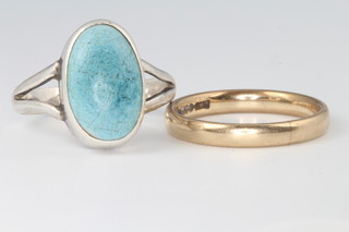 A 9ct yellow gold wedding band size K 1/2 and a 9ct yellow gold necklace 11 grams and a sterling silver ring set turquoise 