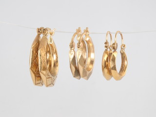 Three pairs of 9ct yellow gold hollow earrings 4.2 grams 