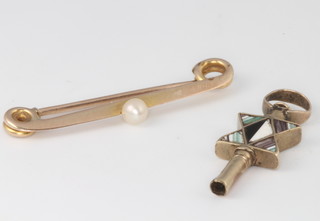A 9ct yellow gold micro mosaic watch key and a ditto bar brooch set with a seed pearl 2.7 grams
