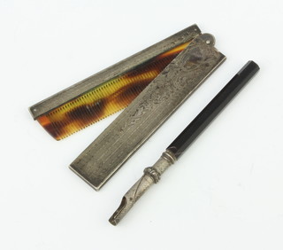A silver cased faux tortoiseshell comb together with an agate mounted pen 