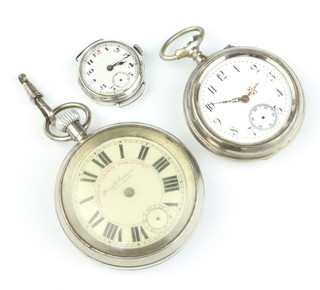A Victorian silver plated cased pocket watch, a gentleman's ditto and a silver cased wristwatch 