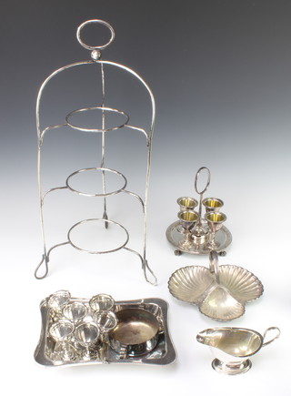 An Edwardian silver plated 4 section egg cup holder and minor plated wares 