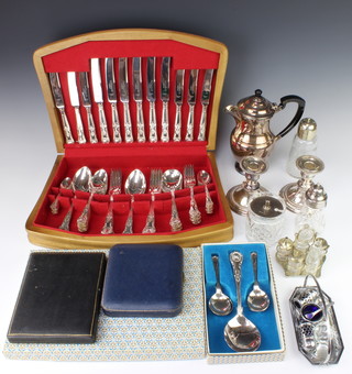 A silver mounted preserve jar, a silver plated coffee pot and a quantity of minor plated wares including Kings Pattern cutlery 