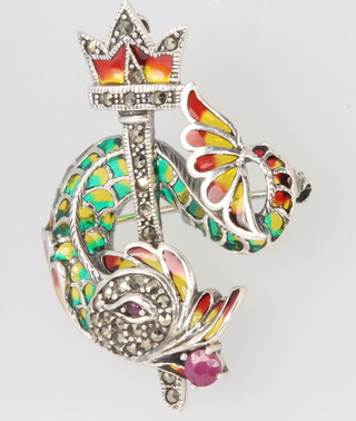 A silver, enamelled, ruby and marcasite Poseidon brooch 5cm 