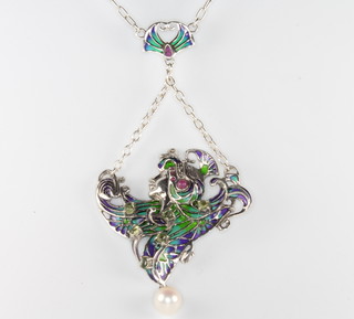 A silver, enamel, peridot, ruby, marcasite and cultured pearl pendant and chain 55mm 