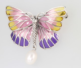 A silver, enamel and cultured pearl brooch in the form of a butterfly 5cm 