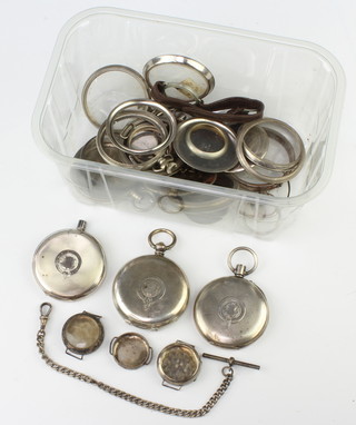 Minor silver pocket watch cases, 105 grams and a quantity of white metal ditto 