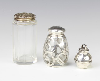 An Edwardian miniature silver condiment in the form of a Jersey can 4cm and 2 mounted bottles 