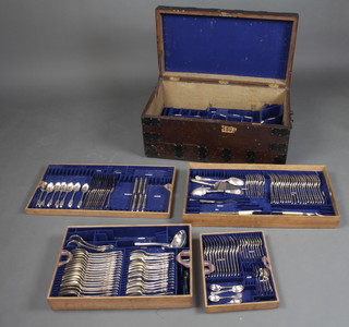 An Edwardian silver plated matched canteen of Kings pattern cutlery, comprising 132 pieces (incomplete), contained in an iron bound pine chest 
