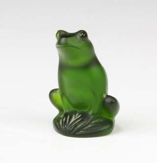 A Lalique green glass model of a seated frog, signed lower case Lalique France