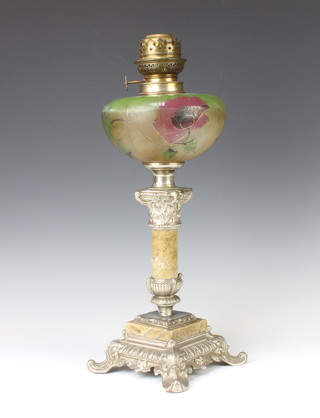 A metal mounted hardstone table lamp with painted glass reservoir raised on rococo feet 45cm 