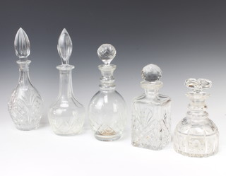 A cut glass mallet decanter and stopper 21cm, 4 others 
