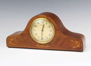 A 1930's Swiss 8 day bedroom timepiece with paper dial and Arabic numerals contained in an Admiral's hat shaped inlaid mahogany case 