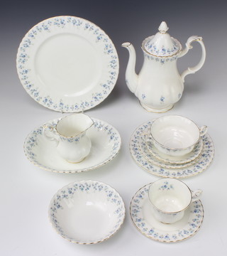 A Royal Albert Memory Lane tea, coffee and dinner service comprising milk jug, 8 tea cups (3 seconds), 8 saucers, 7 dinner plates (6 seconds),  7 dessert bowls (1 second), 2 shell shaped dishes, 5 two handled bowls (4 seconds), 6 saucers (1 second and 1 is a/f), 8 small plates (6 seconds), 8 medium plates (6 seconds), a sugar bowl (a/f) and the following which are all seconds - teapot, cream jug, meat plate, sauce boat stand, tureen (no lid), 2 soup bowls, 2 vegetable dishes, a salad bowl, a sandwich bowl,  serving plate