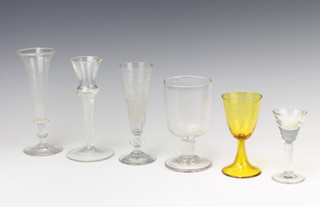 A Georgian thistle shaped liqueur glass with air twist stem and forward foot 17cm and 5 other early glasses