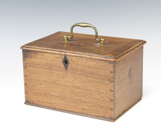 A rectangular Georgian mahogany box with crossbanded top, hinged lid and brass swan neck drop handle 13cm x 23cm x 16cm  