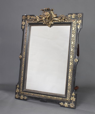A 19th Century Continental rectangular plate mirror contained in a black and gilt frame with lion mask decoration 117cm h x 85cm 