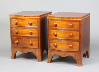 A pair of Victorian style bow front inlaid mahogany bedside chests of 3 drawers with tore handles, raised on outswept supports 46cm h x 46cm w x 46cm d 