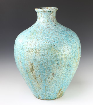 A Continental earthenware turquoise crackle glazed vase 58cm