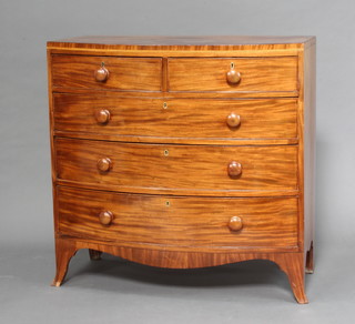 A 19th Century mahogany bow front chest with inlaid satinwood and ebony stringing, fitted 2 short and 3 long drawers, raised on bracket feet 105cm h x 107cm w x 54cm d 