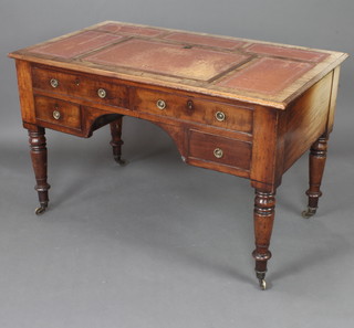 A 19th Century mahogany writing table, the top inset brown leather and with a ratcheted reading slope, the base fitted 2 long and 3 short drawers raised on turned supports  78cm h x 122cm w x 71cm d 