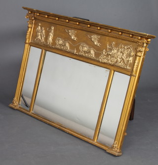 A Regency style triple plate over mantel mirror with moulded cornice, ball work decoration and classical themed panel, having 2 fluted columns to the side 84cm x 122cm 