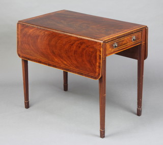 A Georgian inlaid and  crossbanded mahogany Pembroke table fitted a drawer, raised on square tapered supports, spade feet 73cm h x 84cm w x 54cm d 