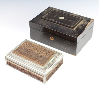 A George IV ebonised trinket box with mother of pearl panel 16cm x 18cm x 29cm (escutcheon missing), 1 other with hinged lid and yellow fitted interior 11cm x 28cm x 20cm (some veneers missing to the side) and an Indian carved hardwood and ivory trinket box with hinged lid 6cm x 22cm x 16cm (hinge f) 
  