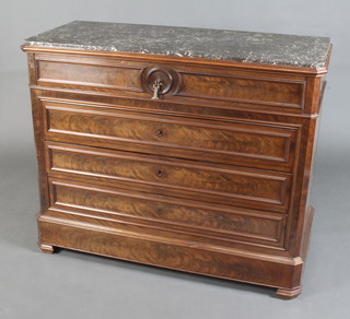 A 19th Century French mahogany commode with black veined marble top fitted 4 long drawers and  secret drawer to the base 101cm h x 123cm w x 52cm d 