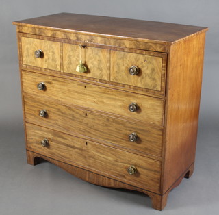 A Georgian mahogany secretaire chest, the upper section with secretaire drawer fitted drawers and pigeon holes above 3 long drawers with brass handles, raised on bracket feet 112cm h x 123cm w x 56cm d 