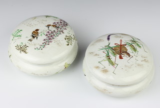 A pair of early 20th Century Japanese porcelain cylindrical boxes and covers decorated with grasshoppers, birds and insects 16cm 