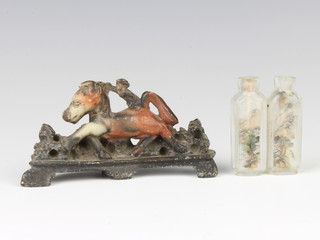 A 19th Century Chinese double scent bottle the interior decorated with trees and buildings 5.5cm together with a soapstone carving of a horse 11cm 