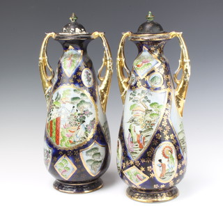 A pair of Koran Ware transfer print tapered vases with chinoiserie scenes and serpent handles, with lids 43cm 