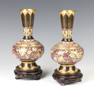 A pair of Chinese cloisonne enamelled club shaped vases raised on pierced hardwood stands 21cm h x 7cm  