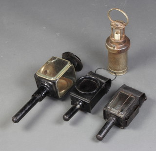 The Ceaga Minor's lamp (some corrosion) together with 3 19th Century Japanned coaching lamp  (1 with cracked glass) 