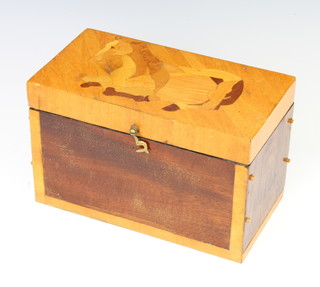 A brick match striker contained in an inlaid wooden marquetry box with hinged lid 15cm x 24cm x 13cm 