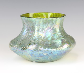 A Loetz style green glass squat baluster vase 10cm 