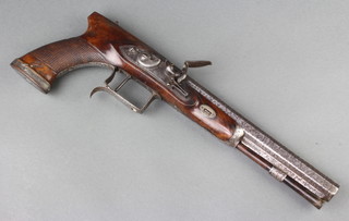 Tatham and Egg, a 19th Century flintlock pistol with 22.5cm octagonal barrel, the barrel and lock both marked Tatham and Egg the barrel also marked 229, having a silver plaque to the pommel marked Tatham Eggs Improvement 229 together with a turned wooden and polished steel ram rod 22cm 