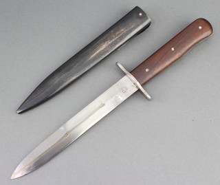 A double bladed knife, the 17cm blade marked HAT 1942 complete with scabbard
